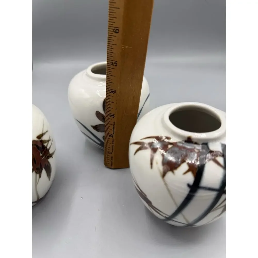 Vintage Japan Mini Bud Vases Set of 3 Hand Painted Bamboo Floral Ceramic